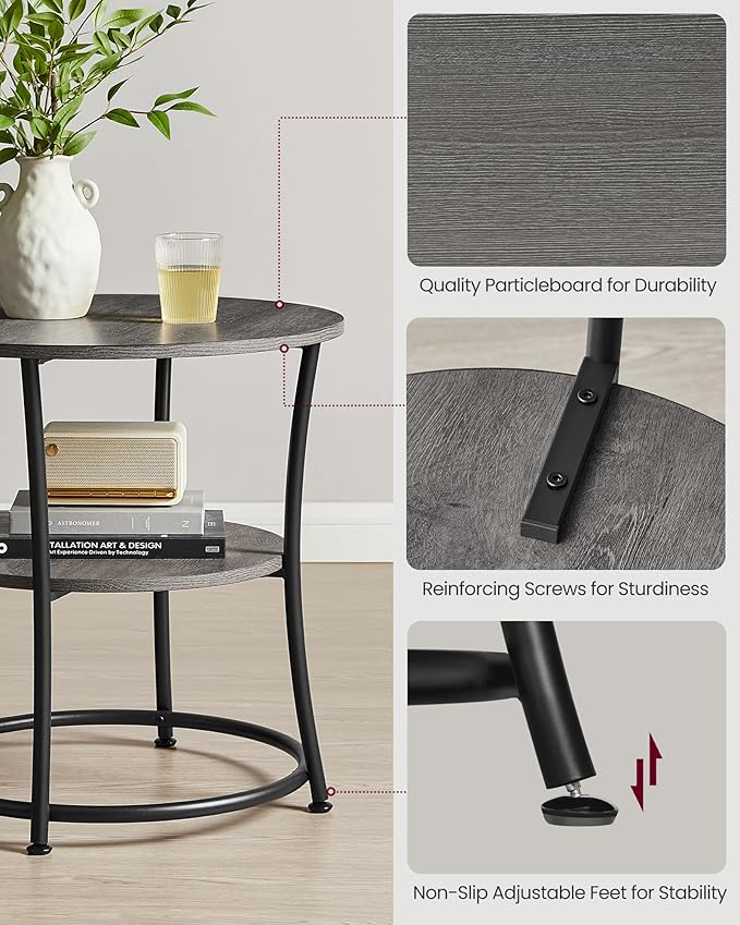 VASAGLE Side Table, 2-Tier Round End Table, Nightstand with Steel Frame for Small Spaces, Living Room, Bedroom, Misty Gray and Ink Black