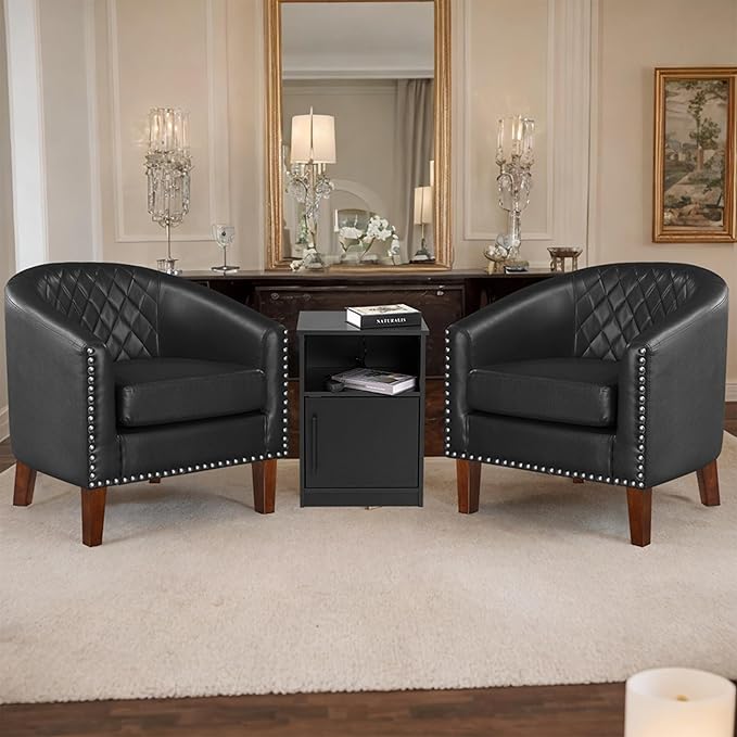 Prilinex Comfy Barrel Accent Chair Set of 8 - Faux Leather Living Room Chair Club Chair with Cushion, Diamond Grid Backrest & Nailhead Trim, Guest Chair for Office, Bedroom & Waiting Room, Black