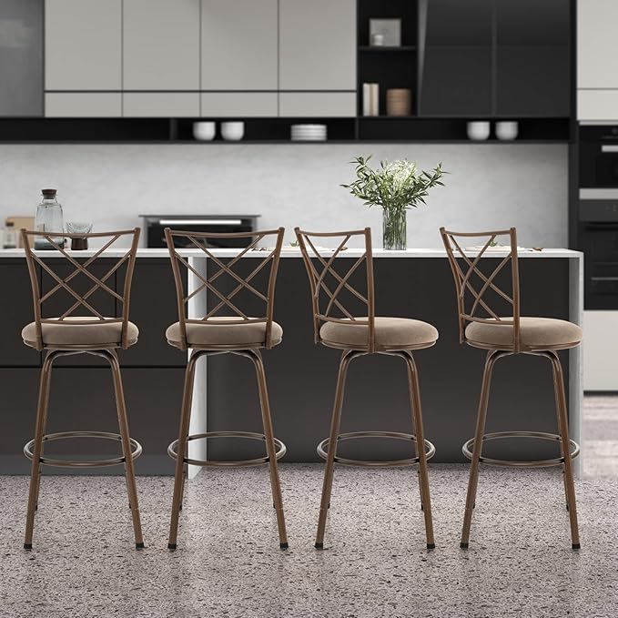 COSTWAY Bar Stools for Kitchen Island, 24/30 Inch Adjustable Seat Height Swivel Barstools, Plush Fabric Cushioned Seat & Cozy Backrest, Extra Leg Tubes for Height Adjustment, for Kitchen, Bar (4)