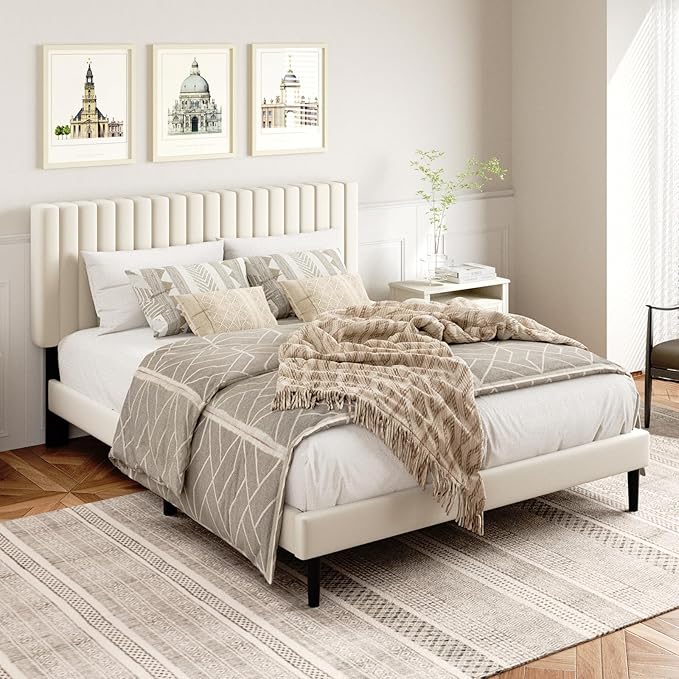 Queen Size Platform Bed Frame with Velvet Upholstered Headboard, Queen Bed Frame with Strong Wood Slats, Box Spring Optional, Mattress Foundation, Easy Assembly Beige