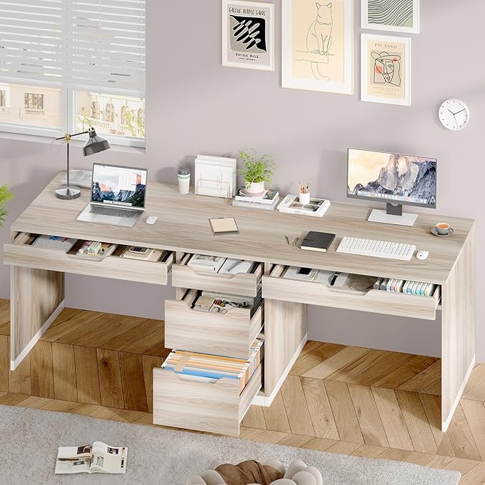 Two Person Desk with 5 Drawers, Double Desk with Storage for 2 People, 78 Inch Extra Long Computer Desk Workstation with File Drawer for Home Office, White and Walnut