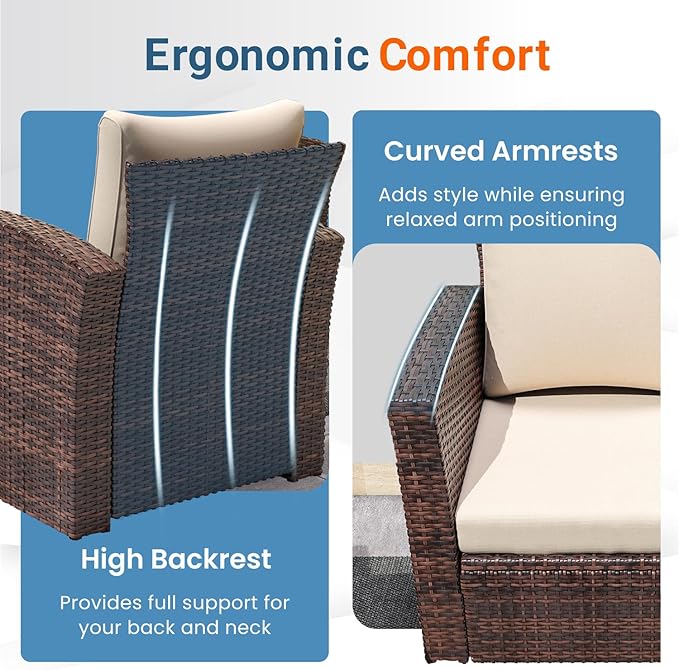 Wisteria Lane 4 Piece Patio Furniture Set, Wicker Outdoor Patio Conversation Furniture Set, All Weather Outdoor Patio Sofa with Cushion and Glass Table, Brown