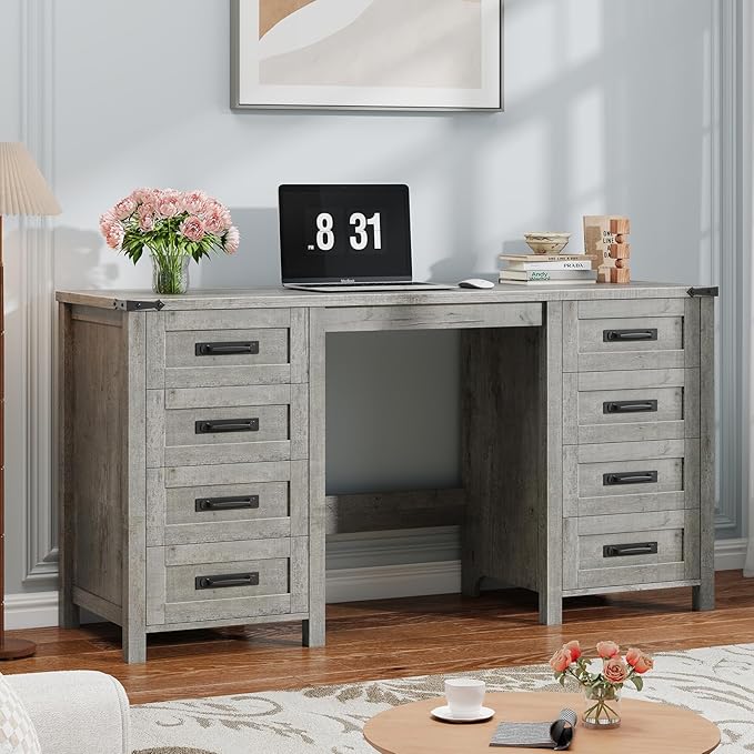 Vabches Farmhouse 60.6” Executive Desk with 7 Drawers, Computer Desk with File Drawer for Hanging Files A4, Workstation for Home Office, Study.Grey