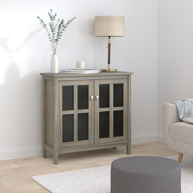 SIMPLIHOME Warm Shaker SOLID WOOD 32 inch Wide Transitional Low Storage Cabinet in Distressed Grey for the Living Room, Entryway and Family Room