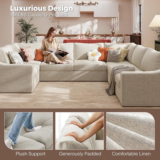 ABCASA Oversized 136" Modular Sectional Sofa, Deep Seat U Shaped Couches for Living Room, Breathable Linen Fabric Corner Couch, Easy to Assemble, Oatmeal