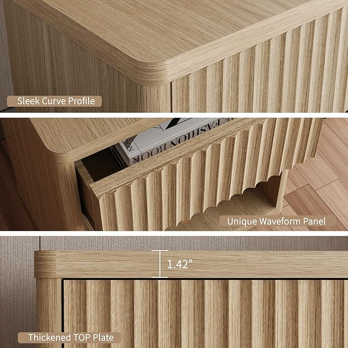 Large Modern Nightstand with Drawer Storage 22.8Inch Wide Fluted Bedside Table End Table for Bedroom, Living Room, Sofa, Couch, Home Office,Mid Century Bed Stands