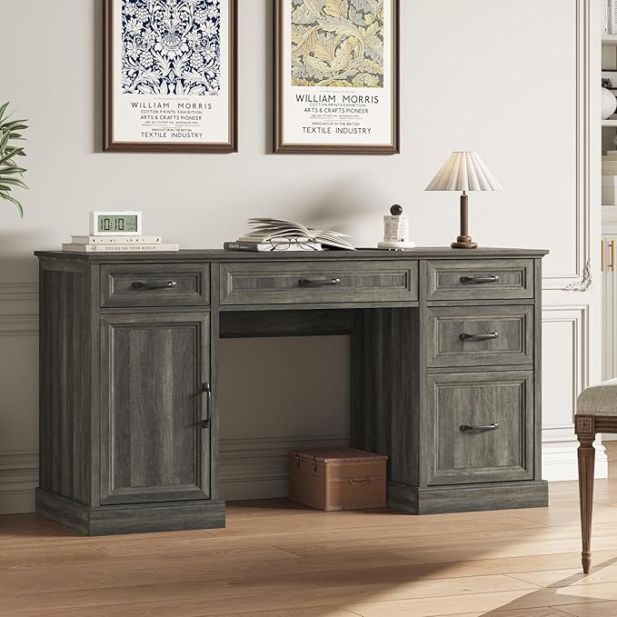 CARPETNAL 58'' Farmhouse Executive Desk with Drawers, Home Office Desk with File Drawer and Storage Cabinet, Rustic Computer Desk for Working, Studying, Writing, Grey