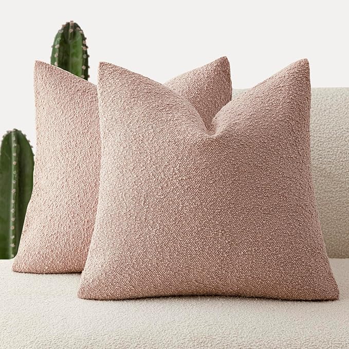 Foindtower Set of 2, Decorative Textured Boucle Throw Pillow Covers Accent Solid Pillow Cases Neutral Soft Cozy Couch Cushion Case for Chair Sofa Bedroom Living Room Home Decor 16 x 16 Inch Light Pink