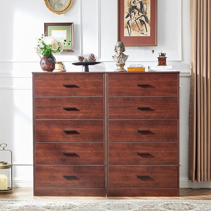 LIDYUK Dark Cherry Dresser for Bedroom, 5 Drawer Dressers & Chests of Drawers, Modern Wood Dresser, 47 Inches Tall Chest of Drawers for Bedroom, Hallway, Living Room