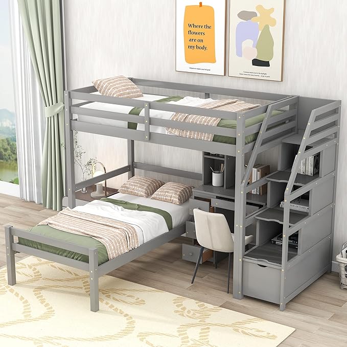 Twin Size Solid Wood Loft Bed with Storage Staircase and Desk, Bedroom Multifunctional Separable Bed Frame w/Shelves & Drawers,No Box Spring Needed,for Adult Kid Boy Girl,Gray