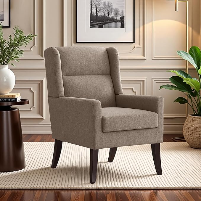 High Back Accent Chair, Fabric Living Room Chairs, Comfy Upholstered Armchair with Wooden Legs for Living Room, Bedroom, Apartment (1, Brown)