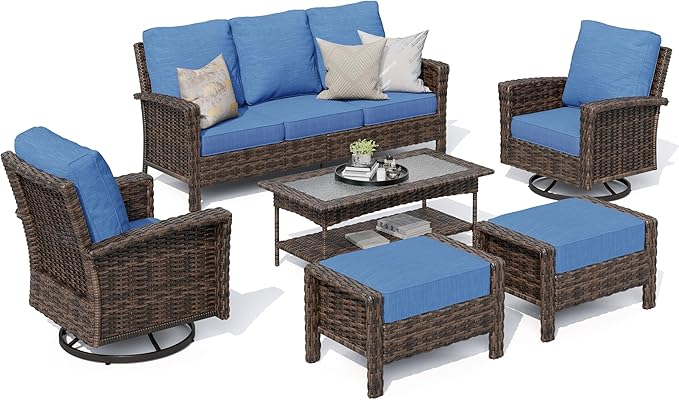 HERA'S HOUSE High Back Patio Furniture Set with Swivel Chairs, All Weather Outdoor Wicker Sofa Set, 6 Pieces Patio Conversation Sets with 5.5" Comfy Cushions for Lawn Deck Backyard, Navy Blue