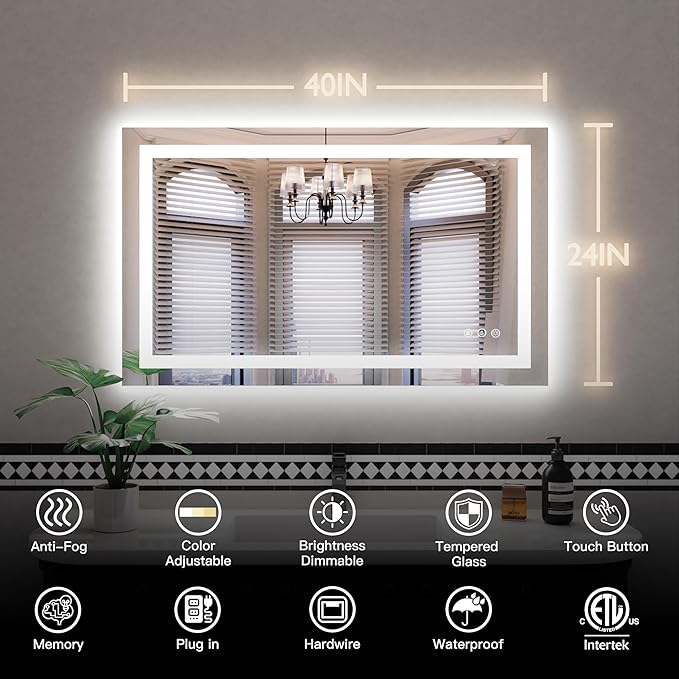 ISKM 40'' x 24'' LED Mirror for Bathroom Lighted Vanity Mirror for Wall Front Lights + Backlit LED Bathroom Mirror Anti-Fog Tempered Glass ETL Listed
