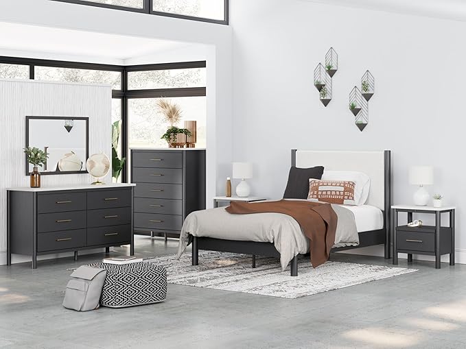 Signature Design by Ashley Cadmori Bohemian 5-Drawer Chest of Drawers with Safety Stop and Post Legs, Black & White