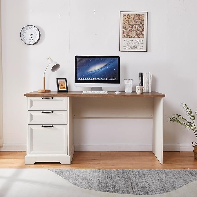 60" Farmhouse Executive Desk with Charging Station,Home Office Desk with 2 Drawers &1 File Cabinet,Fluted Computer Desk for Office and Home (White)