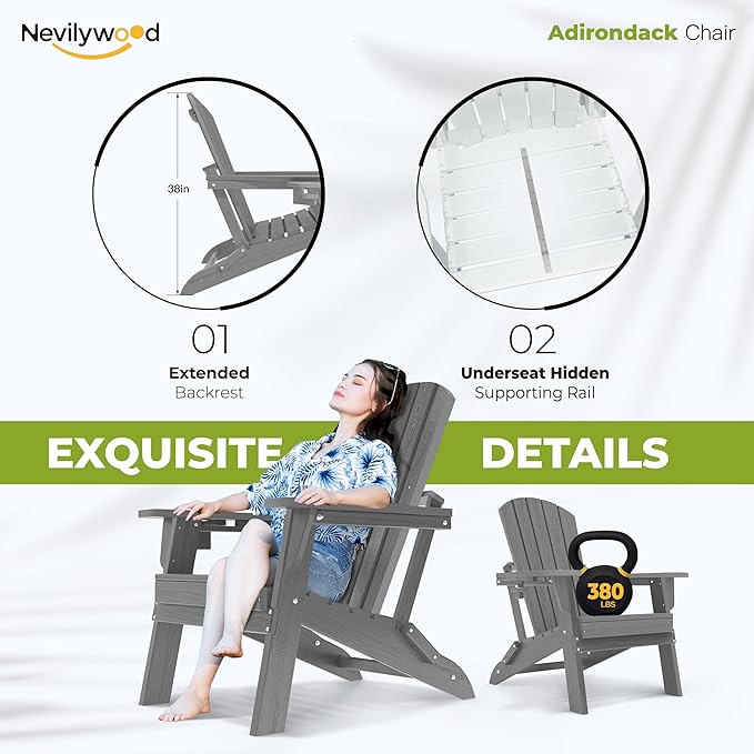 nevilywood Folding Adirondack Chair - Extended Ergonomic Backrest, Cup Holder - Easy Assembly - Durable HDPE Plastic, Weather Resistant & Maintenance-Free - Lawn, Patio, Deck Supports 380lbs,Grey