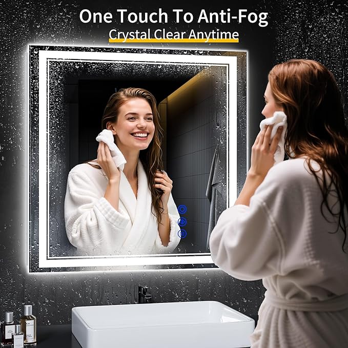 30"x30" LED Bathroom Mirror with Anti-Fog, Stepless Dimmable Lights, 3 Color Modes, Shatter-Proof Tempered Glass, Memory Function & Waterproof Design