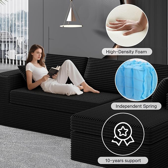 108-inch Boneless Couch for Living Room,Comfy Boneless Sofa with Deep Seats & Chaise Lounge, 3-Seat Modular Sofa Memory Foam Sectional Couches - No Assembly Required(Dark Black)