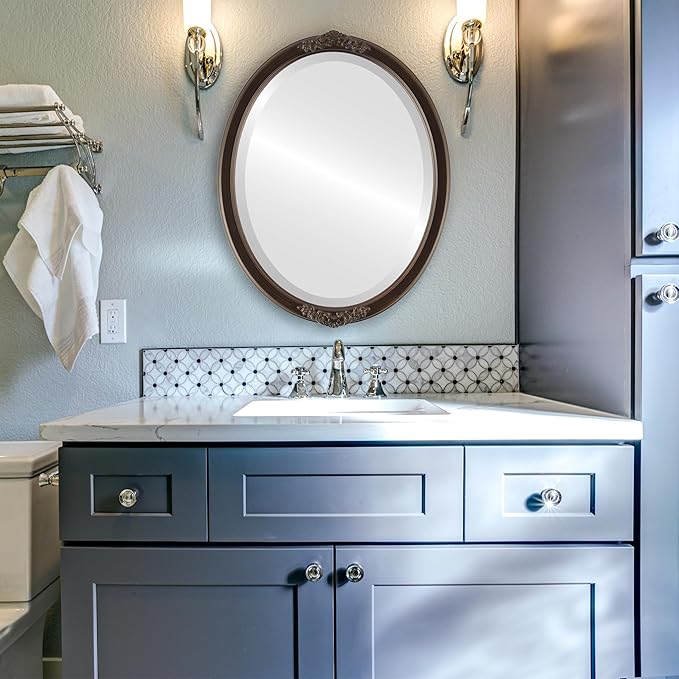 OVALCREST Oval Beveled Wall Mirror for Home Decor - Athena Style - Rubbed Bronze - 26" x 22" Outside Dimensions