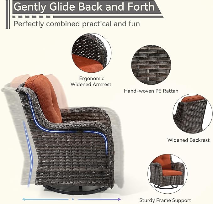 5 Pieces Outdoor Patio Furniture Set - Conversation Set Includes Wicker Swivel Rocker Chairs Set of 2, 2 Ottoman, 3-Seat Sofa, Suitable for Porch, Yard, Mixed Brown Rattan, Orange