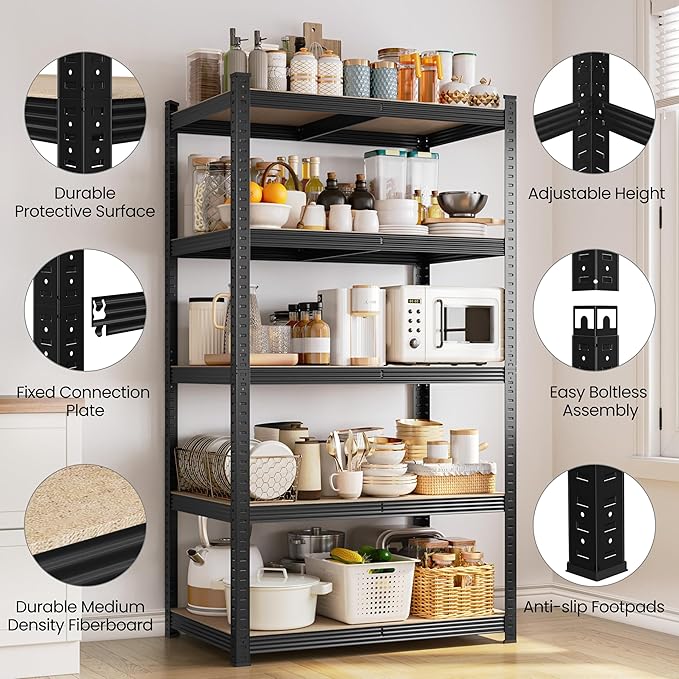Yaheetech Standing Shelf Units, 5 Tier Storage Shelf, Heavy Duty Shelving, Adjustable Garage Shelves, Utility Rack Shelf Unit, Basement Warehouse Shed, 35.5" Wx 16" D x 71" H - Black
