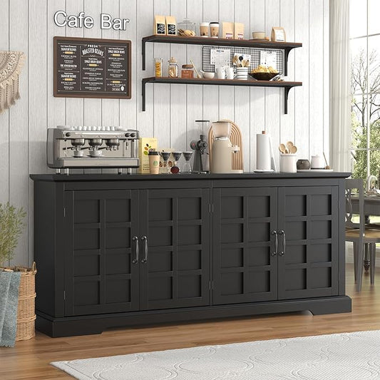 70" Sideboard Buffet Cabinet with Storage, Coffee Bar Cabinet with and 4 Doors, Long Wider Storage Cabinet Modern Farmhouse, Black Wood, for Kitchen, Dining Room, Living Room