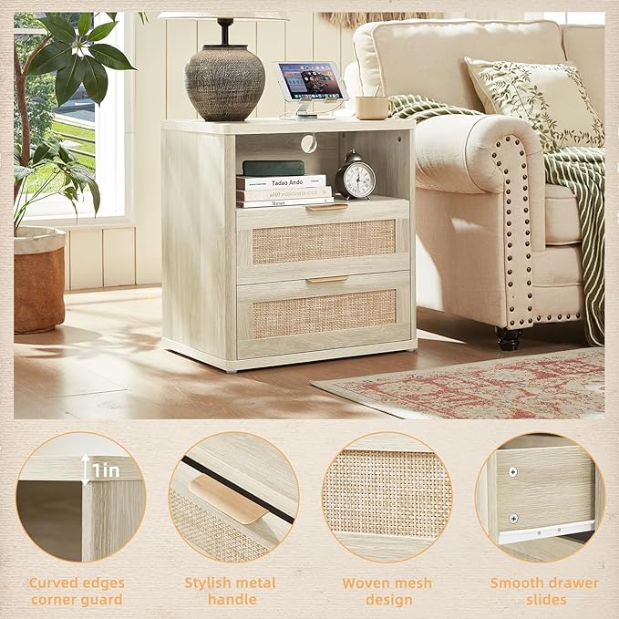 LEYAOYAO Rattan Nightstands Set of 2 with Charger Station, 23" Wide Boho Night Stand with 2 Drawers, Grey White Bedside Table Open Shlef, Bed Side End Table Dresser for Bedroom, Living Room Hallway