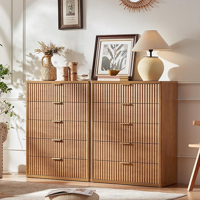 LEYAOYAO Fluted 5 Drawers Dresser for Bedroom, 41" Tall Modern Chest of Drawers with Metal Handle, Curved Profile Farmhouse Closet Organizer Wood Dressers TV Stand for Living Room, Hallway, Navy Blue