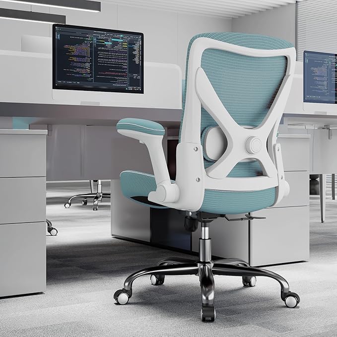 Office Home Ergonomic Desk Chair-Computer X-Shaped Chair Mesh PU Leather with Adjustable Lumbar Support-Executive Chair High Back Flip-Up Arms for Long Hours (Sky Blue-No Headrest)
