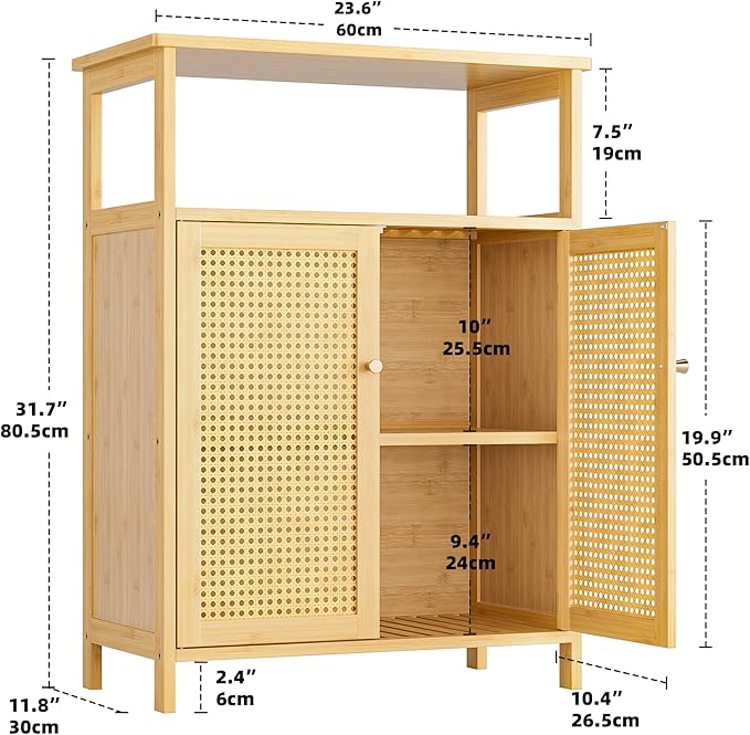 Bathroom Floor Stand Cabinet, Bamboo Storage Organizer Table with 2 Rattan Doors and 1 Shelf, Wooden Side Cupboard for Hallway, Laundry, Kitchen, Living Room (Natural)