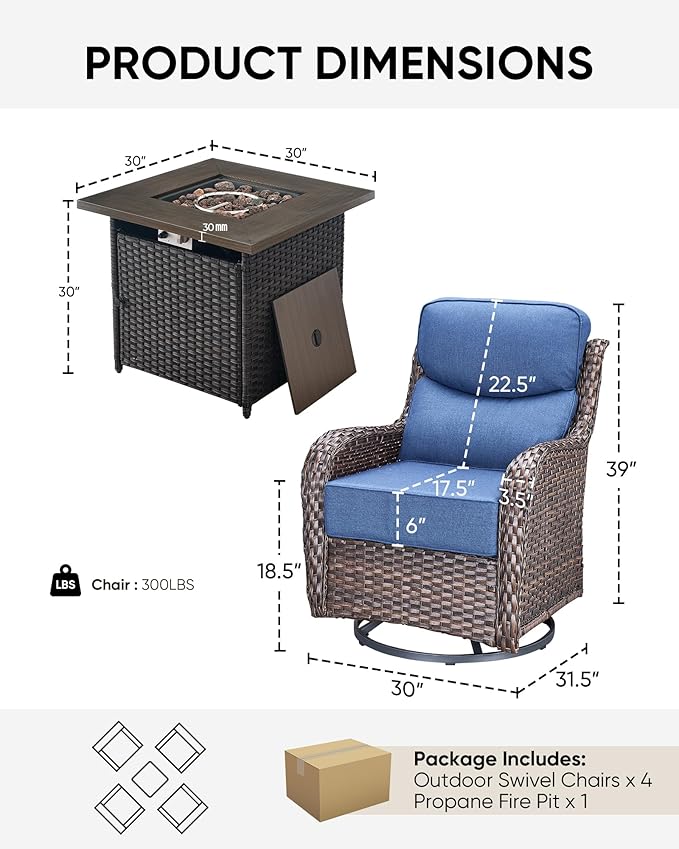 HUMMUH Wicker Patio Furniture Set with Patio Swivel Chairs Set of 4 and 50,000 BTU Fire Pit Table,6 Inch Thick Cushions High Back Outdoor Swivel Rocker Chairs Set for Porch, Balcony, Deck