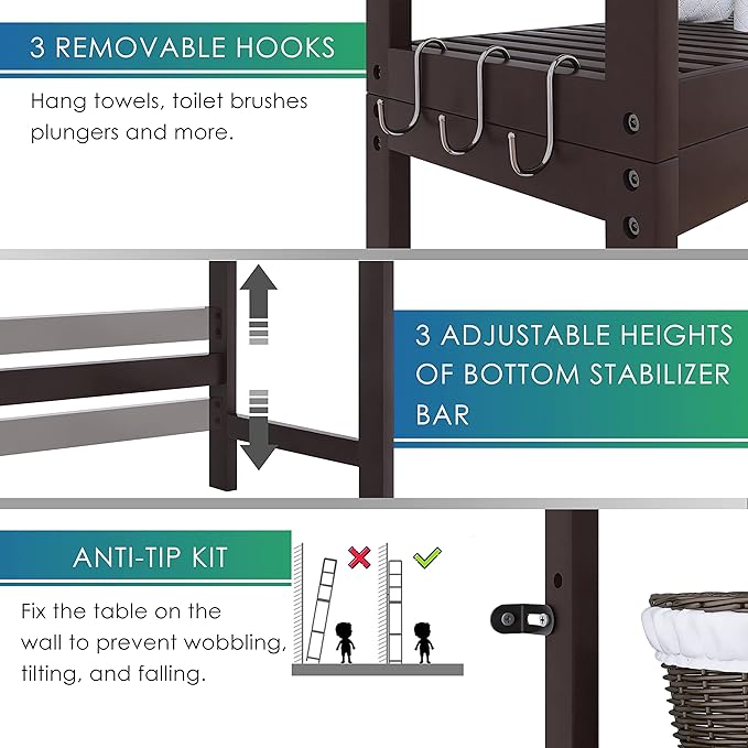 SMIBUY Bathroom Storage Shelf, Bamboo Over-The-Toilet Organizer Rack, Freestanding Toilet Space Saver with 3-Tier Adjustable Shelves (Dark Brown)