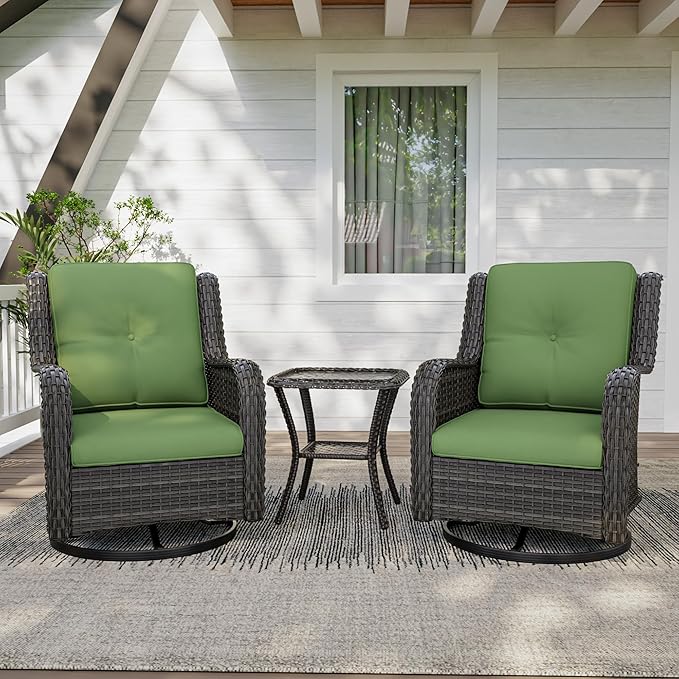 3 Pieces Outdoor Furniture Set - Patio Wicker Swivel Rocker Chair Set of 2 and 1 Side Table, Green, Mixed Brown Rattan, Suitable for Porch, Yard