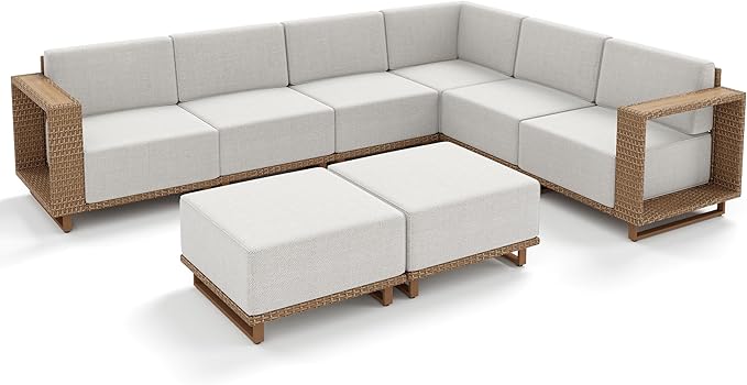 8 Pieces Outdoor Patio Furniture Set, Wicker Rattan Modular Sofa Couch, Sectional Patio Conversation Set with 10" Extra Thick Cushions for Deck Backyard Lawn