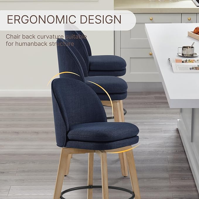 Counter Height Barstools 26 inch Upholstered Swivel Bar Stools with Back and Wood Legs for Kitchen Island,Set of 1,Blue Fabric-Armless