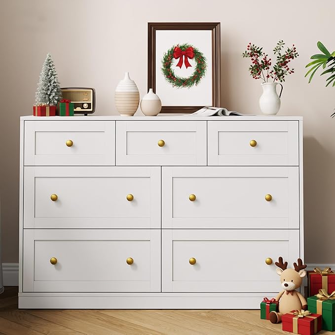 RoyalCraft 7 Drawer Dresser, 47'' Wide Modern Chest of Drawers with Gold Knobs, Wooden TV Stand Storage Organizer for Bedroom, Living Room, Entryway, White
