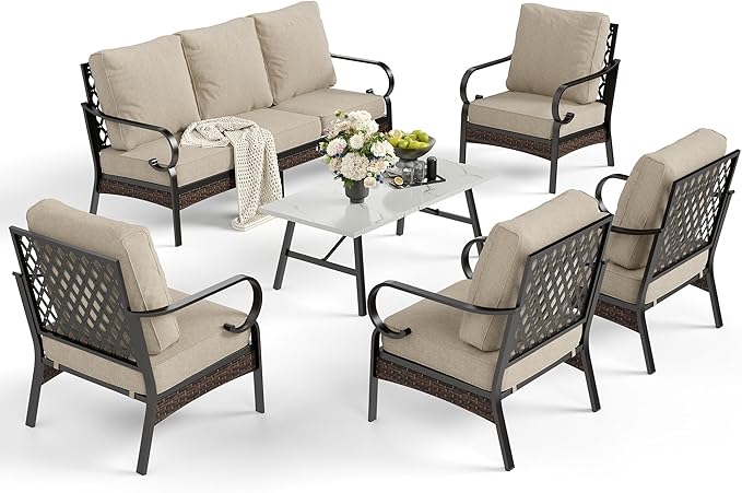 6 Piece Metal Outdoor Patio Furniture Sets, Patio Conversation Sets 1 3-Seater Sofa, 4 Single Sofa with 5.75" Extra Thick Cushion & Coffee Table, Black Frame Backyard Furniture, Beige