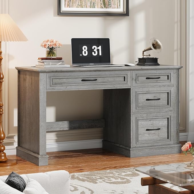 Farmhouse 47" Executive Desk, Computer Desk with Drawers and File Drawer, Workstation Computer Desk with Charging Station for Home Office,Study,(Grey)