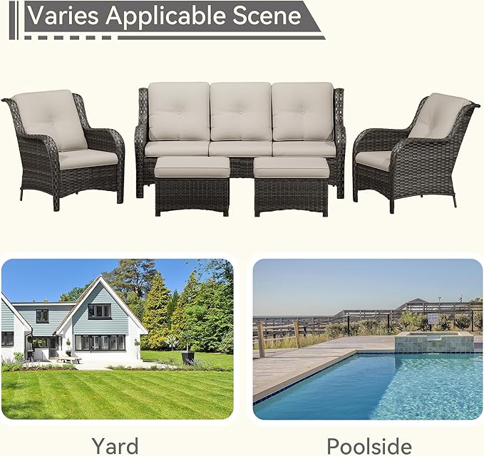 Patio Conversation Set 5-PCS Wicker Outdoor Furniture Conversation Set with 3-Seat Sofa, 2 Armchair, 2 Ottoman Patio Rattan Wicker Sectional Sofa Set with Olefin Cushion, Beige
