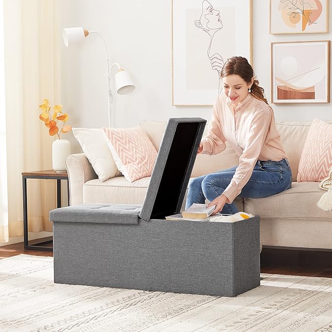 SONGMICS MAZIE Collection - 43 Inches Storage Ottoman, Foldable Storage Bench with Flipping Lid, 660 lb Load Capacity, for Entryway, Living Room, Bedroom, Light Gray ULSF71G