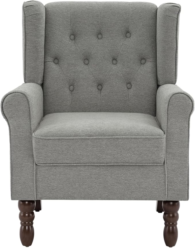 UIXE High Back Accent Chairs Set of 2, Upholstered Armchair in Fabric, Retro Wingback Arm Chair for Living Room, Comfy Single Sofa Bedroom Reading Seat with Solid Wood Legs - Light Gray