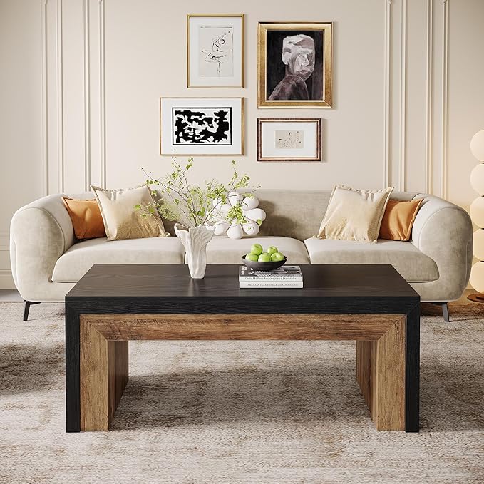 Tribesigns Farmhouse Coffee Table for Living Room, Mid-Century Modern Coffee Table with Sturdy Base, Large Rectangle Accent Center for Apartment, Easy Assembly (Black & Walnut)