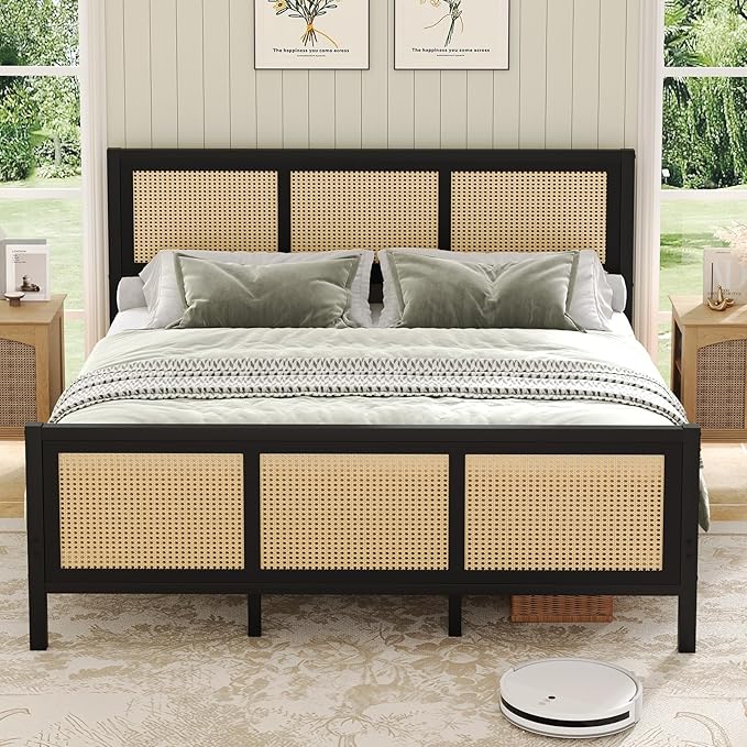 Rattan Bed Frame King, Boho King Bed Frame and Headboard, Metal Platform King Size Bed Frames with Strong Slats Support, No Box Spring Needed, Noise Free, Easy Assembly, Black
