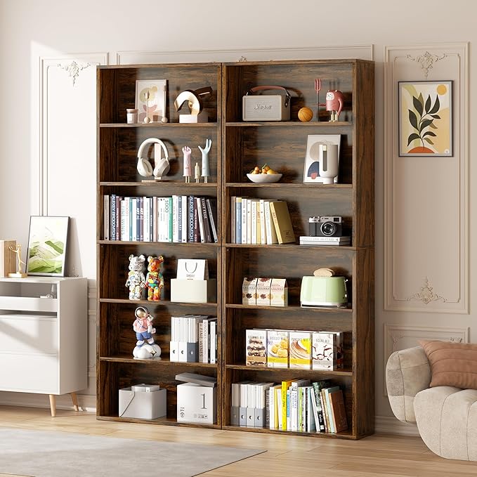 Vongrasig 6-Tier Open Bookcase and Bookshelf, Floor Standing Wood Display Storage Shelves 71 Inch Tall Bookcase Home Decor Furniture for Home Office, Living Room, Bed Room, Rustic Brown, 2 Pieces