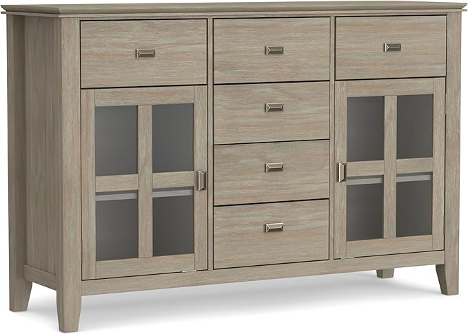 SIMPLIHOME Artisan Buffet - 54 inch Wide Solid Wood 3-Door Sideboard Buffet in Distressed Grey, Transitional Storage Cabinet for Dining Room or Kitchen with Adjustable Shelves and Bronze Hardware