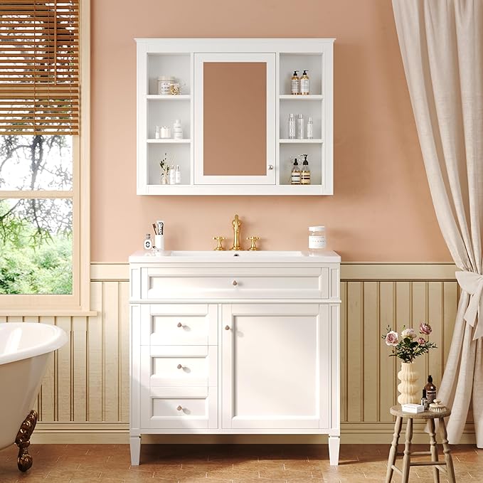 Bathroom Wall Cabinet with Mirror, 35'' x 27.5'' Medicine Cabinet with Mirror Door and Adjustable Shelves, Over Toilet Storage Cabinet, Wall-Mounted Bathroom Mirrors for Over Sink with Storage