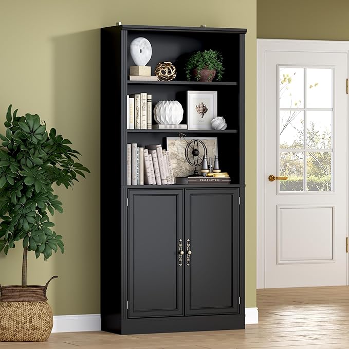 71.4" Tall Bookshelf with Cabinet, 5-Tier Floor Standing Bookcase with Doors & Adjustable Shelves, 31.5" Wide Storage Shelf, Metal Handles, Modern Organizer for Home Office, Living Room