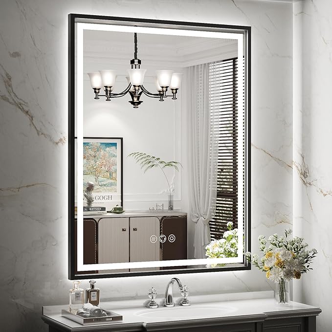 28X36 Inch Framed LED Lighted Bathroom Mirror,Backlit and Front Wall Mounted Black Metal Vanity Mirrors with Lights,Double LED Dimmable Illuminated & 3 Colors Temperature Anti-Fog Mirror