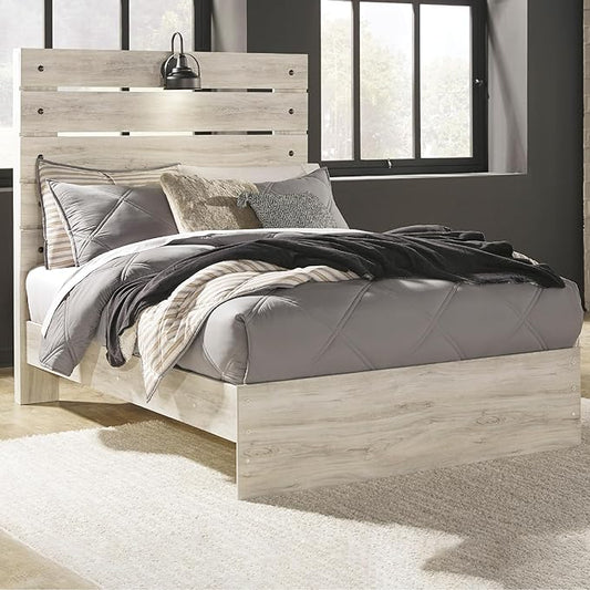 Signature Design by Ashley Cambeck Farmhouse Full Panel Bed with Sconce Light and USB Ports, Foundation or Box Spring Needed, Whitewash