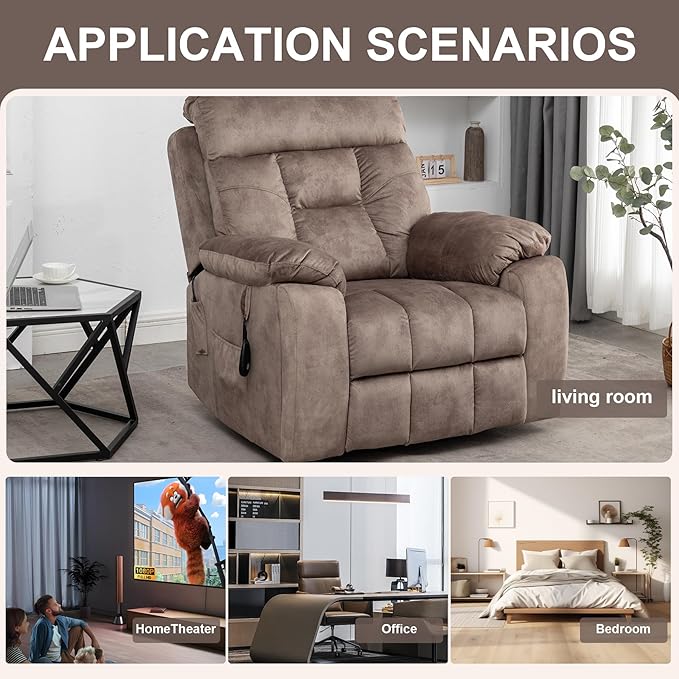 Oversized Lift Recliner Chairs for Elderly, 26in Extra Wide Power Chair with Massaga and Heating, Large Electric Lay Flat Recliners Sofa for Big and Tall Adult Lounging, Velvet Light Brown